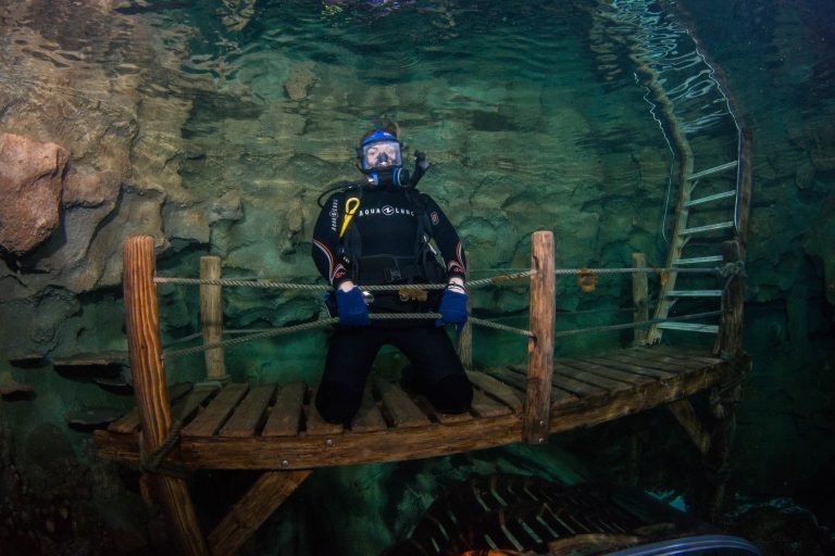 Diver underwater on junior shark dive platform