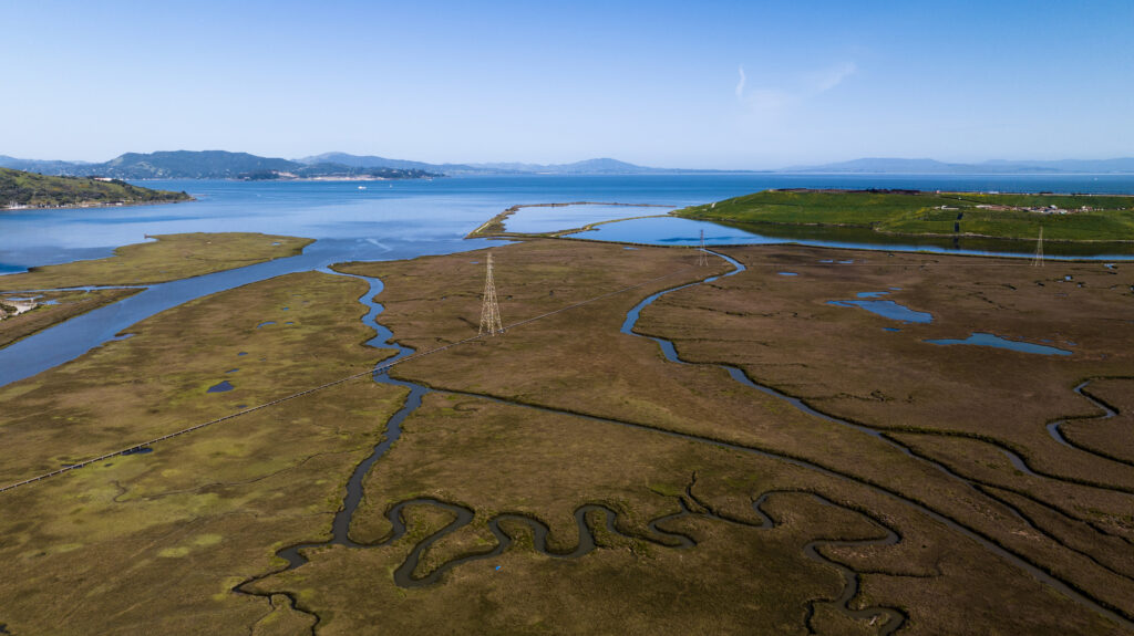 High quality stock aerial photos of the Wildcat Creek Marsh in Richmond CA. The creek and marsh directly abuts the San Francisco Bay.